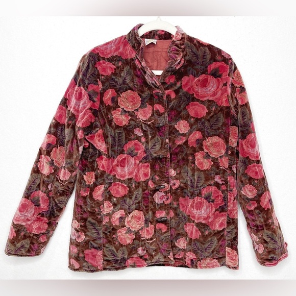 Vintage Sun’N Sand Velvet Floral Quilted Toggle Coat Pockets Roses Cottage Core - Picture 1 of 7